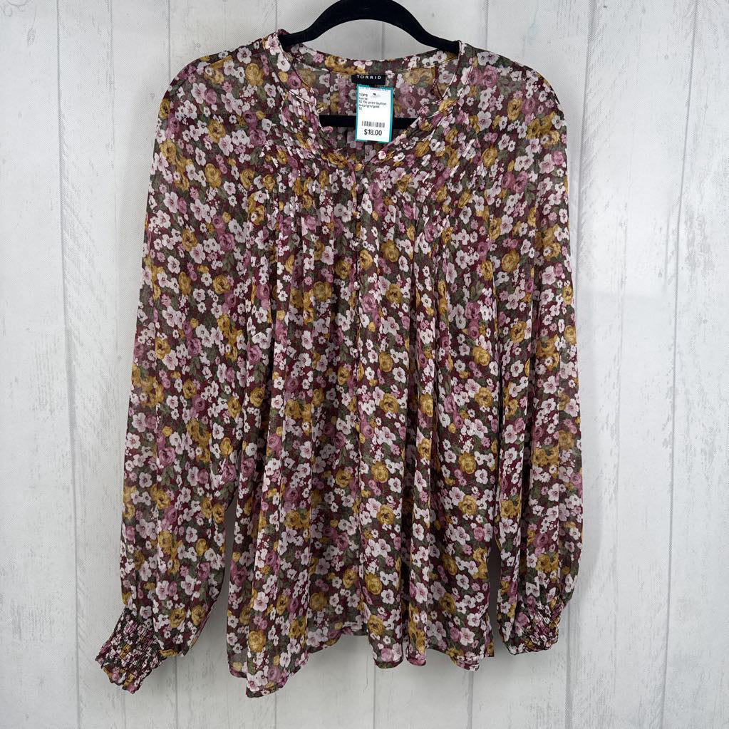 1X flo print button down l/s top