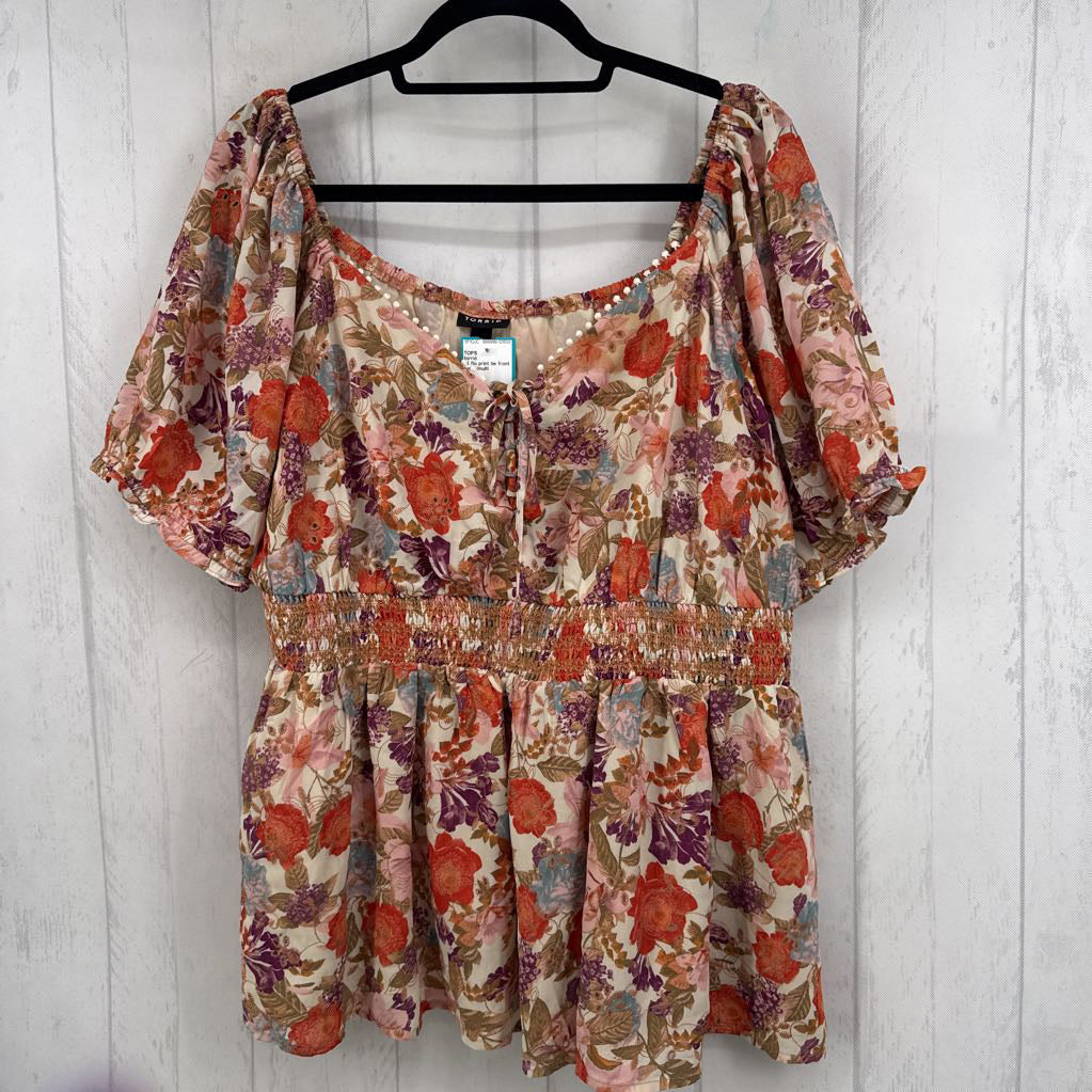 1X flo print tie front s/s peplum top