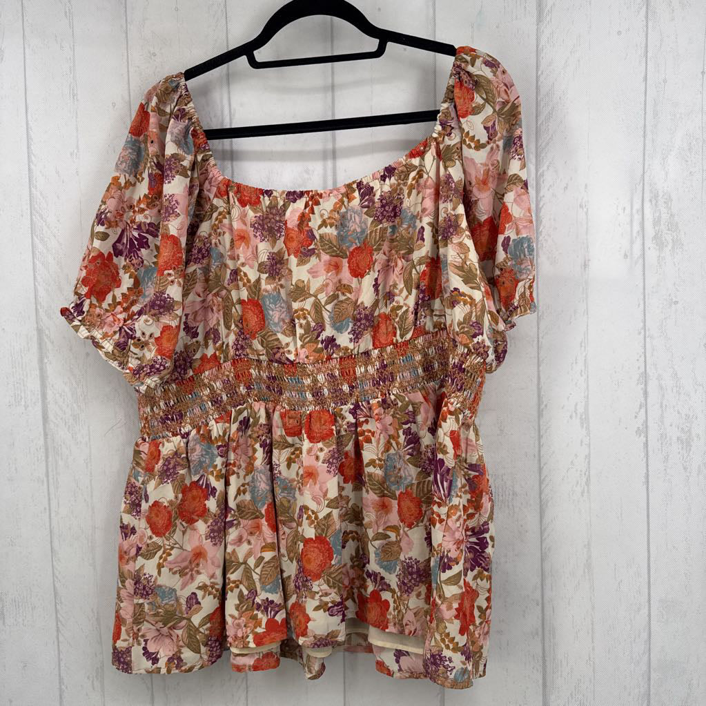 1X flo print tie front s/s peplum top