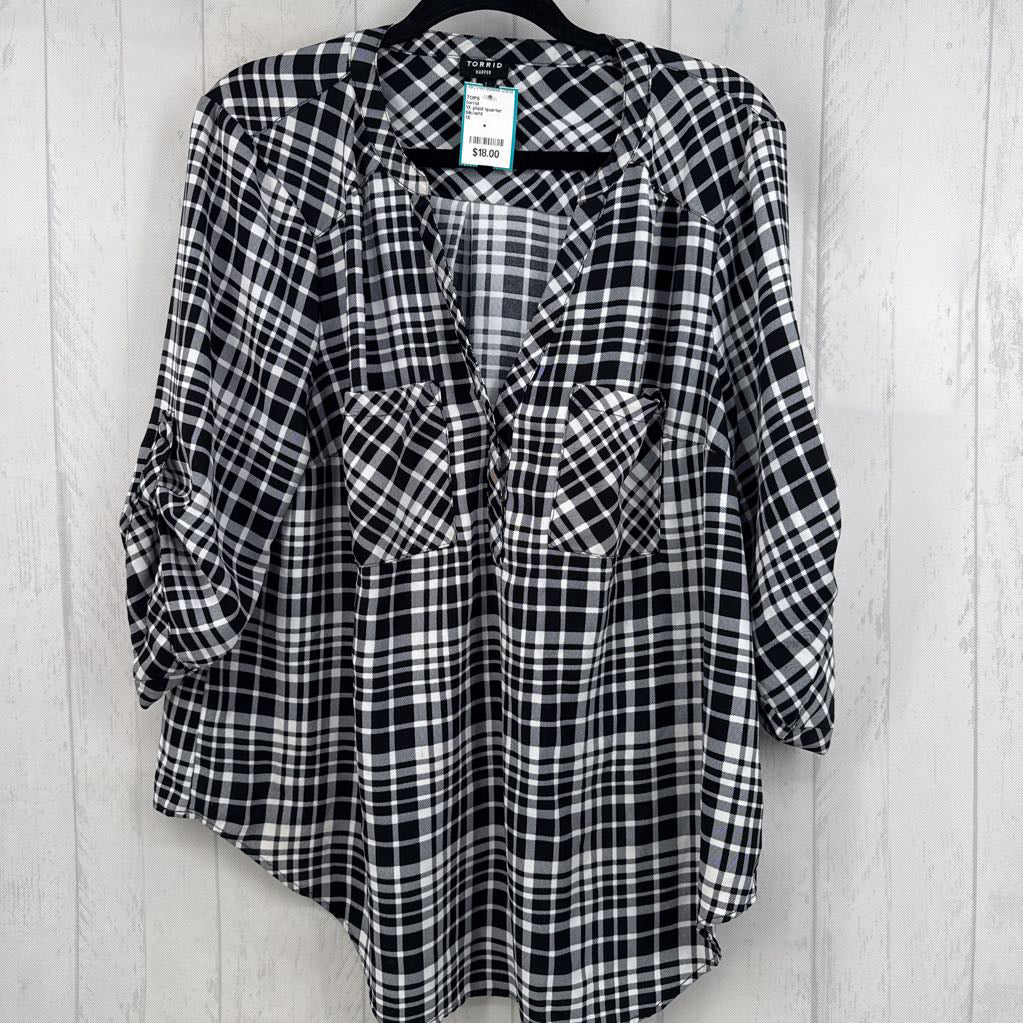 1X plaid quarter button down tab slv top