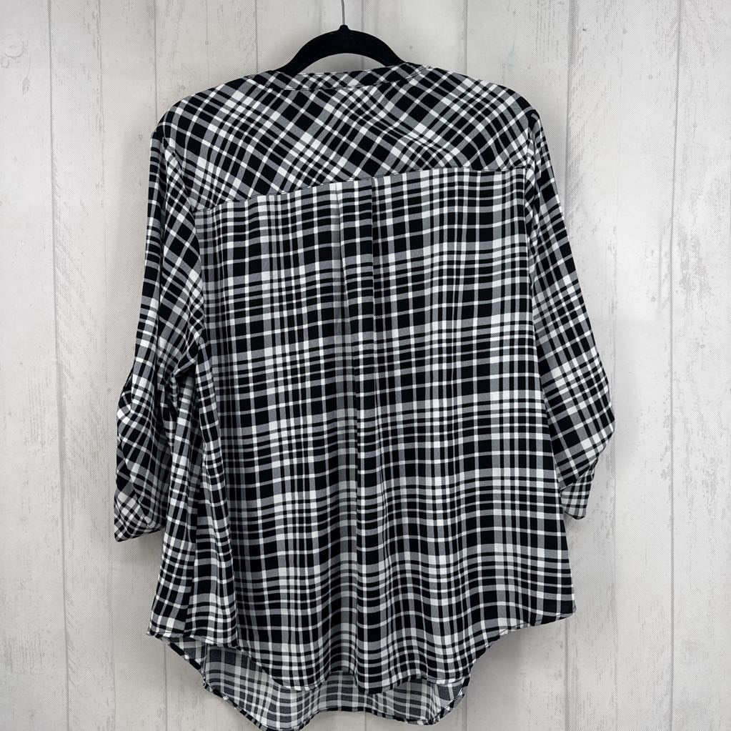 1X plaid quarter button down tab slv top