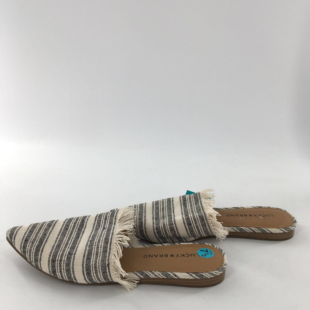 R69 7.5 canvas striped pointed toe fringe mules