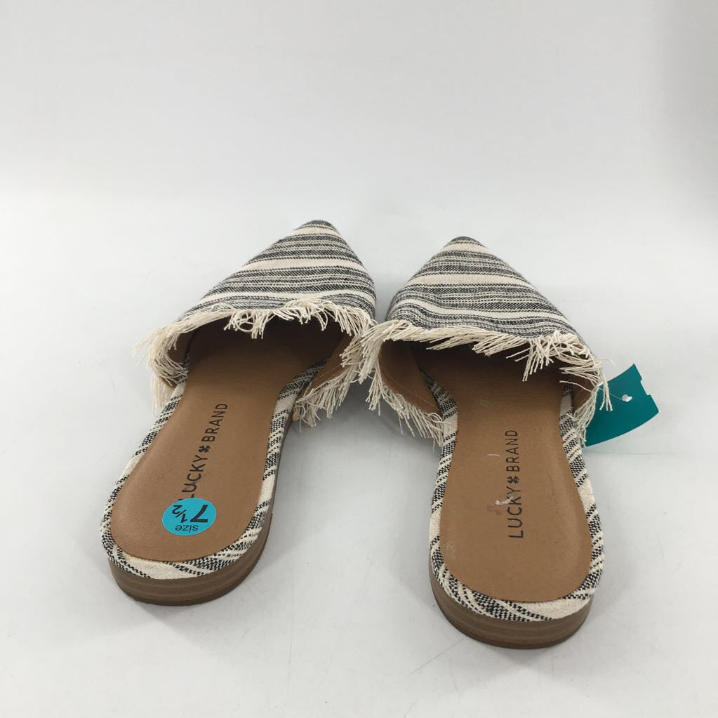 R69 7.5 canvas striped pointed toe fringe mules