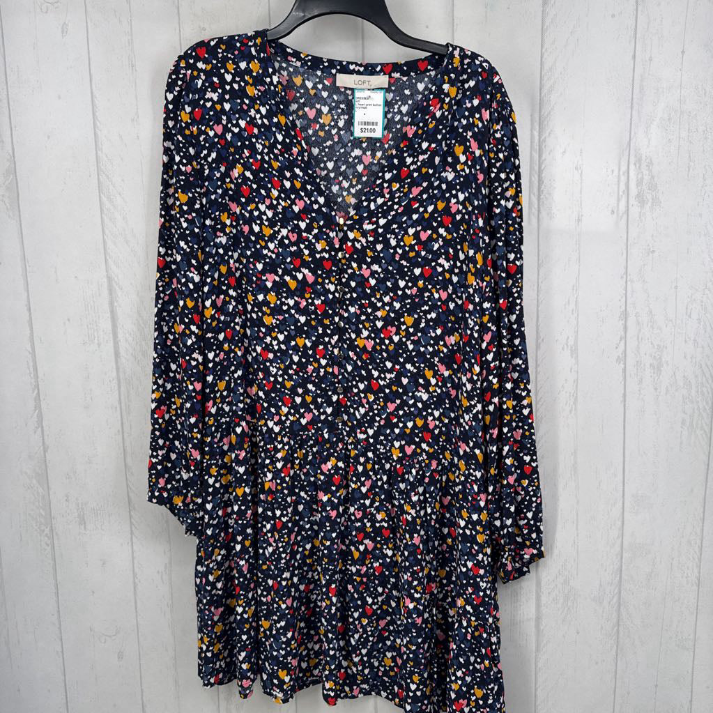 L heart print button front l/s dress
