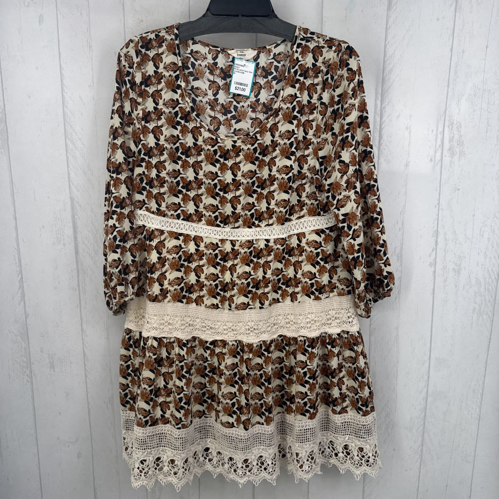 M flo print lace trim 3/4 slv dress