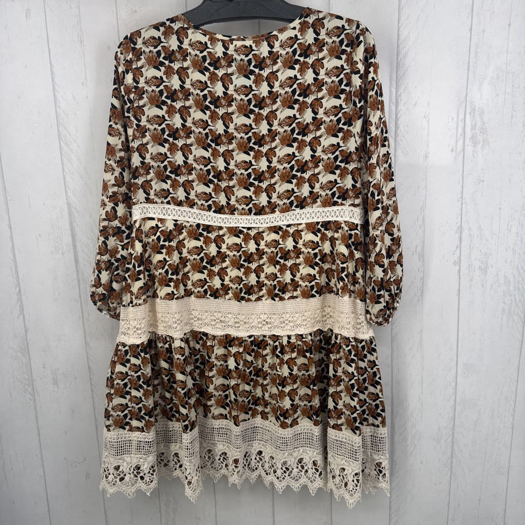 M flo print lace trim 3/4 slv dress