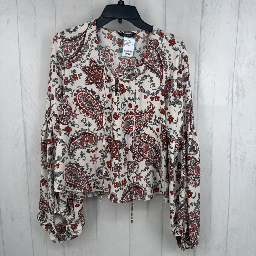 M paisley print tie front l/s top