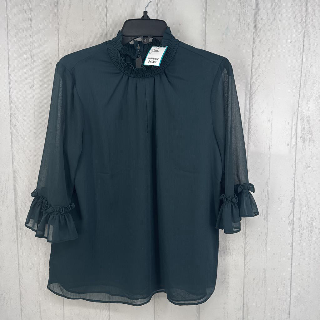 Mp smocked mockneck 3/4 slv semi-sheer top