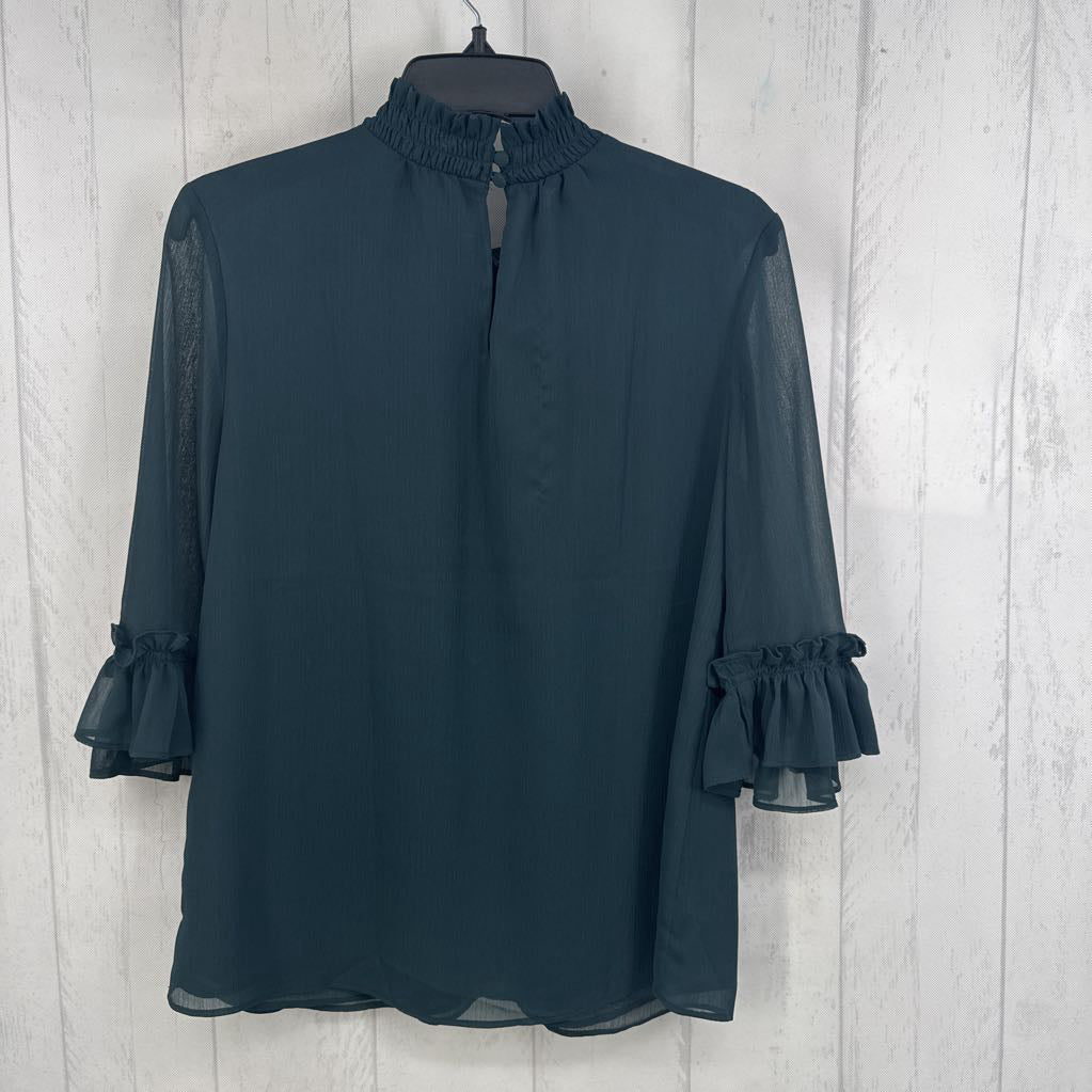 Mp smocked mockneck 3/4 slv semi-sheer top