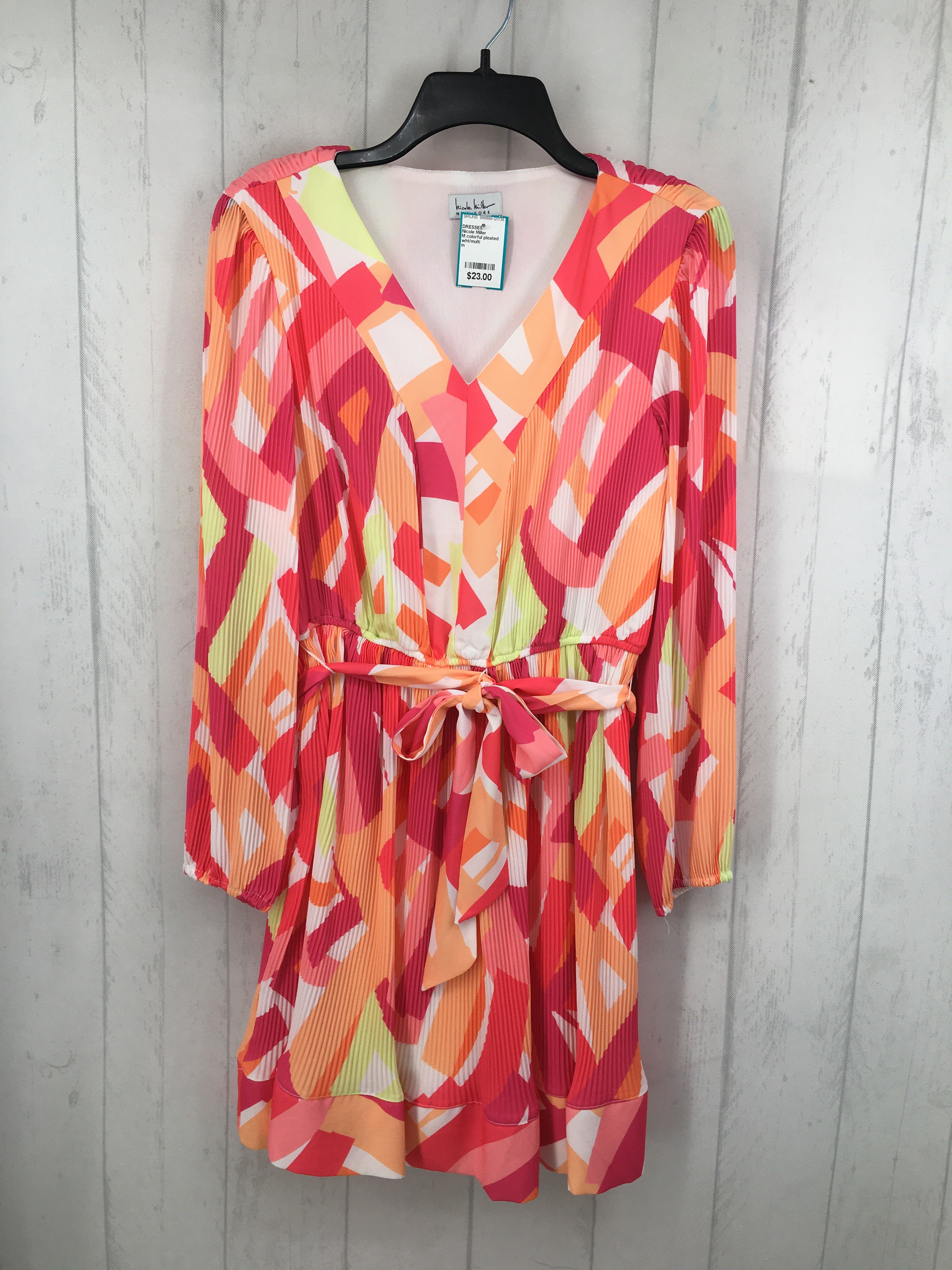 M colorful pleated belted l/s dress