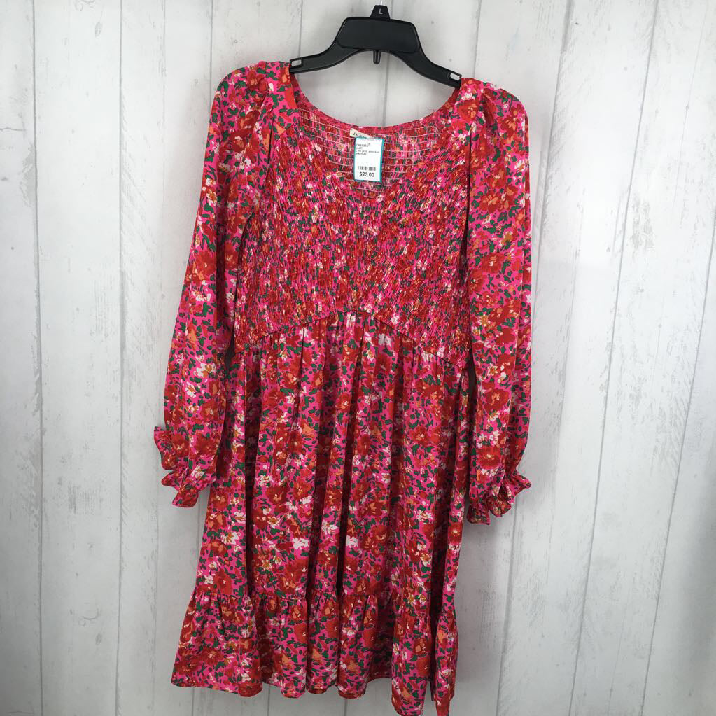 L flo print smocked l/s dress