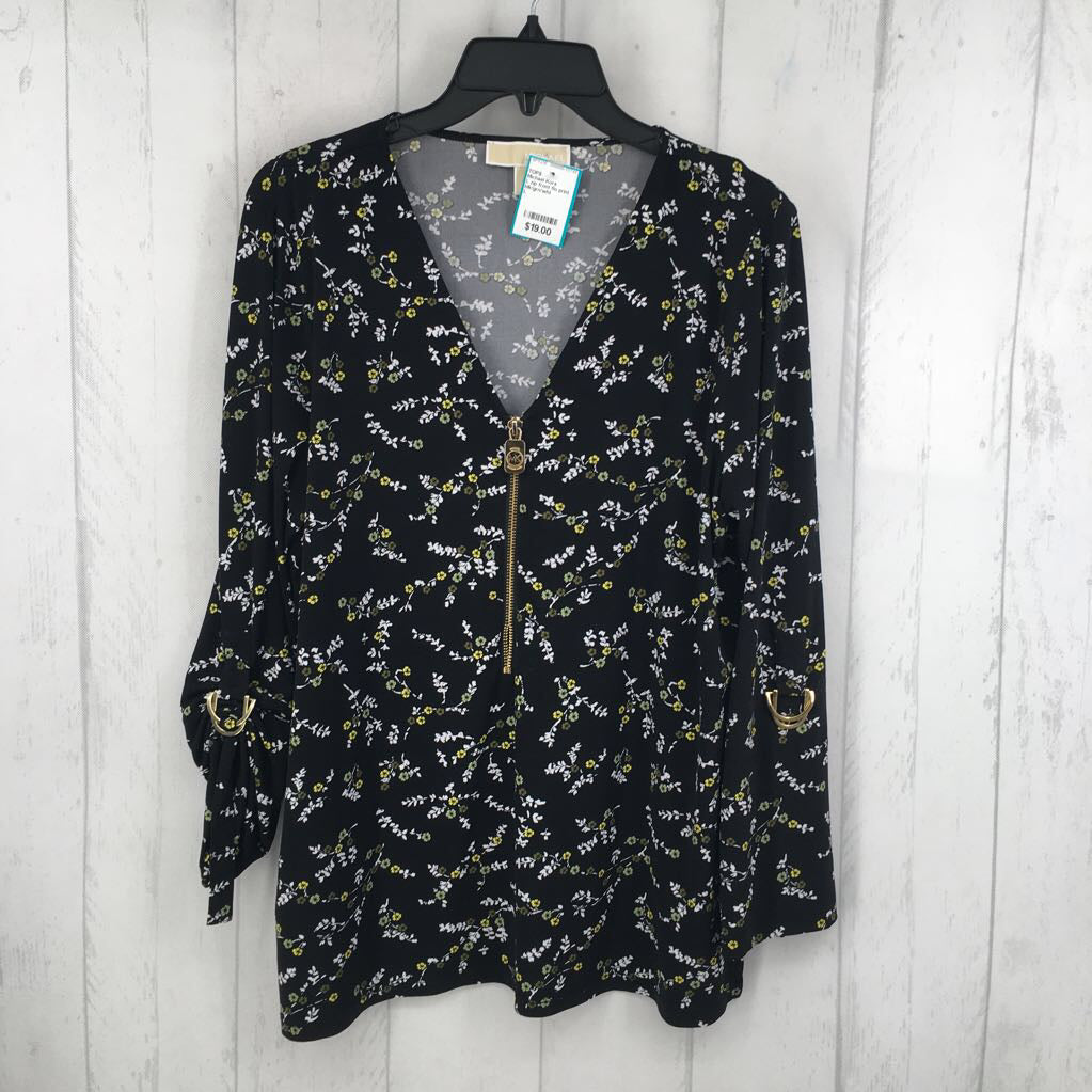 L zip front flo print l/s top