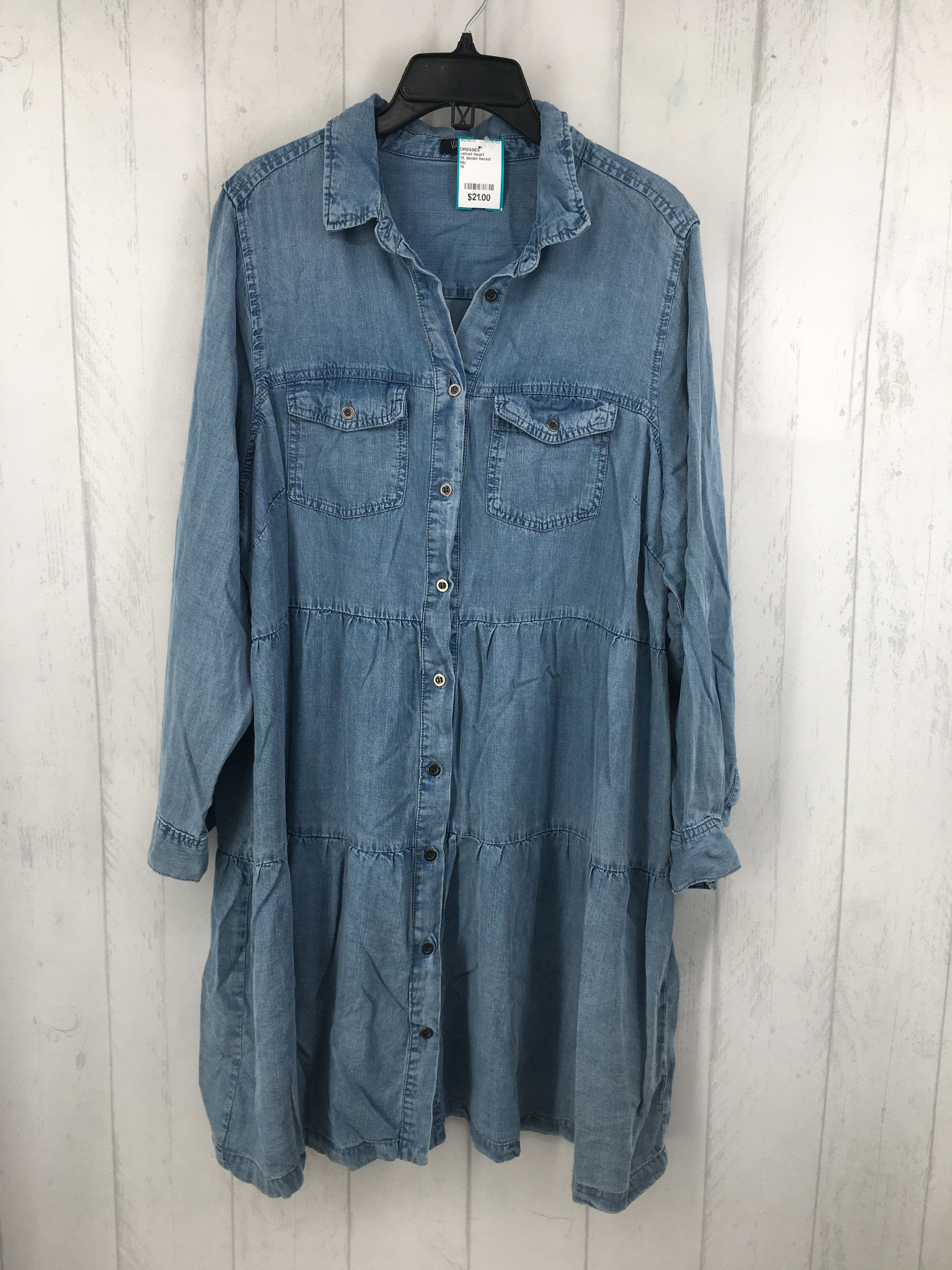 1X denim tiered button down l/s dress