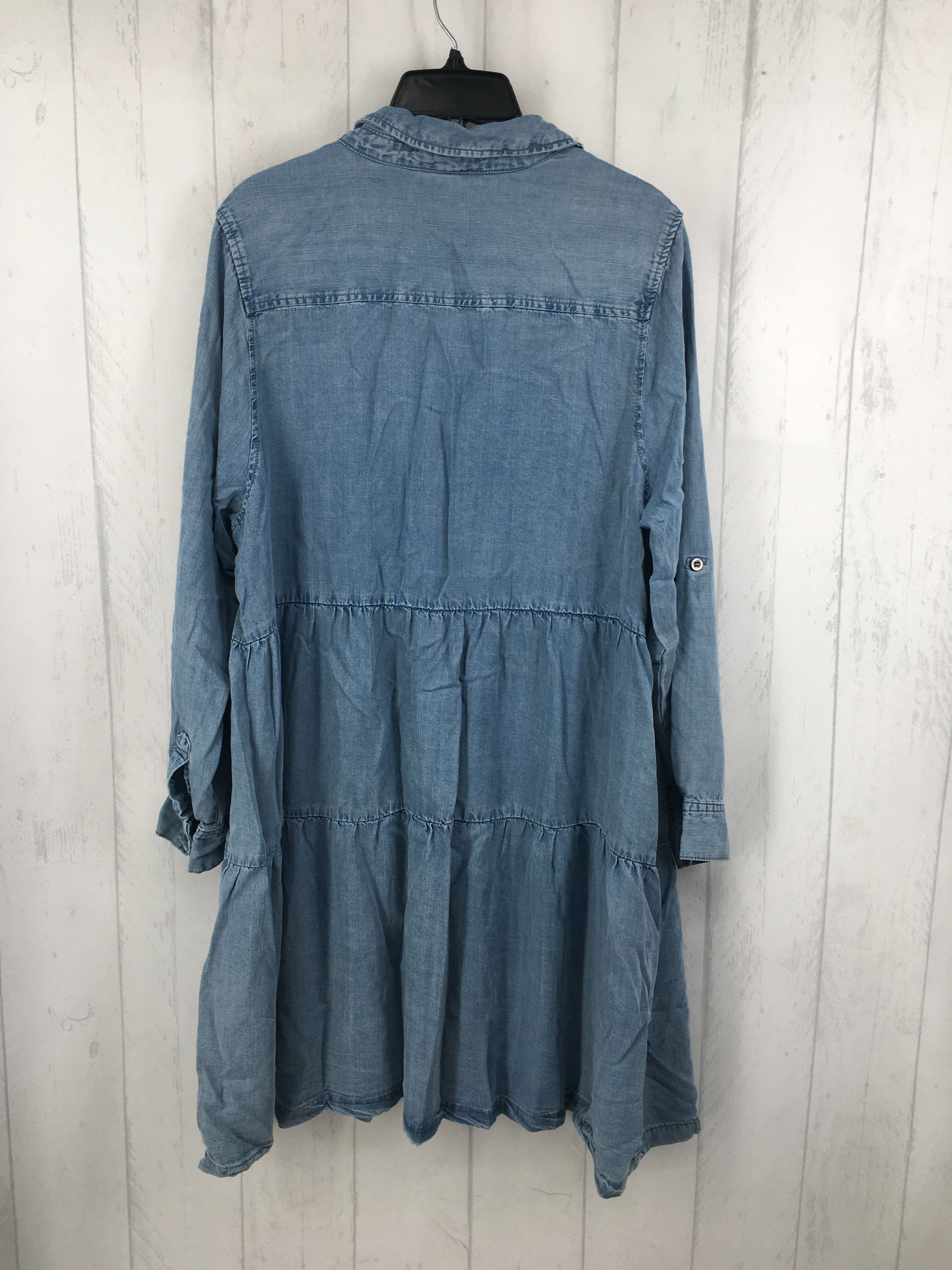 1X denim tiered button down l/s dress