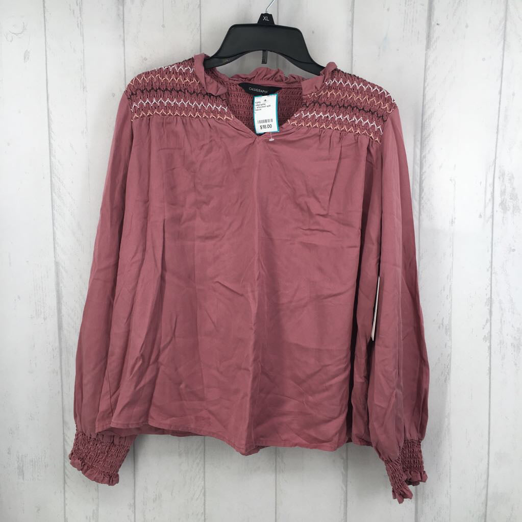 L smocked split neck l/s top