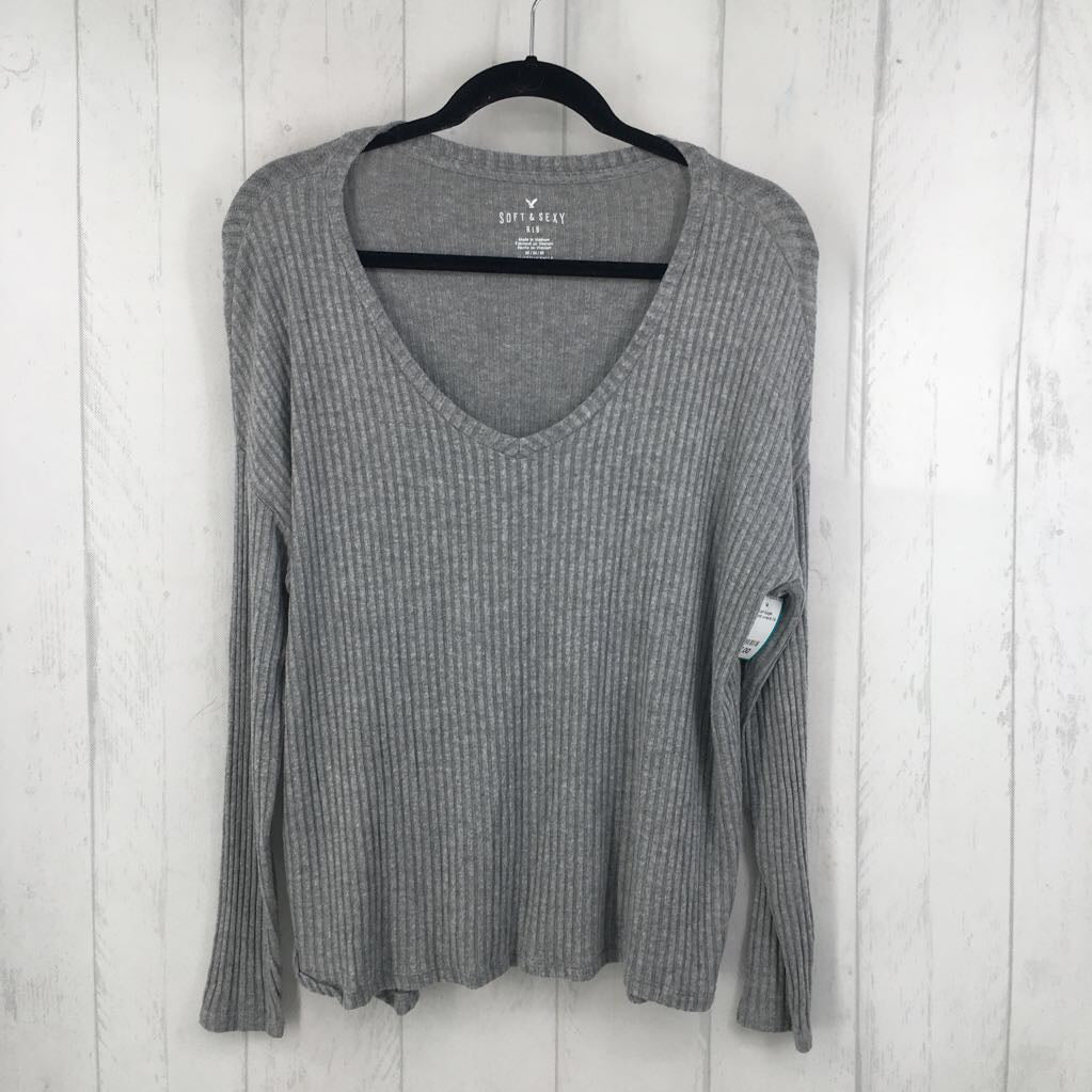M rib knit v-neck l/s top
