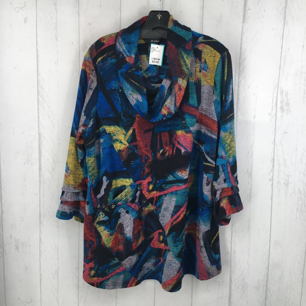L colorful cowl neck 3/4 slv tunic