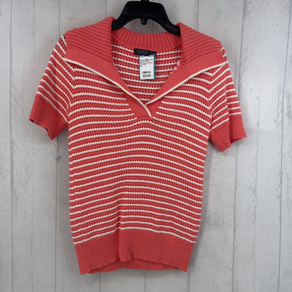 XS striped crochet split neck s/s sweater