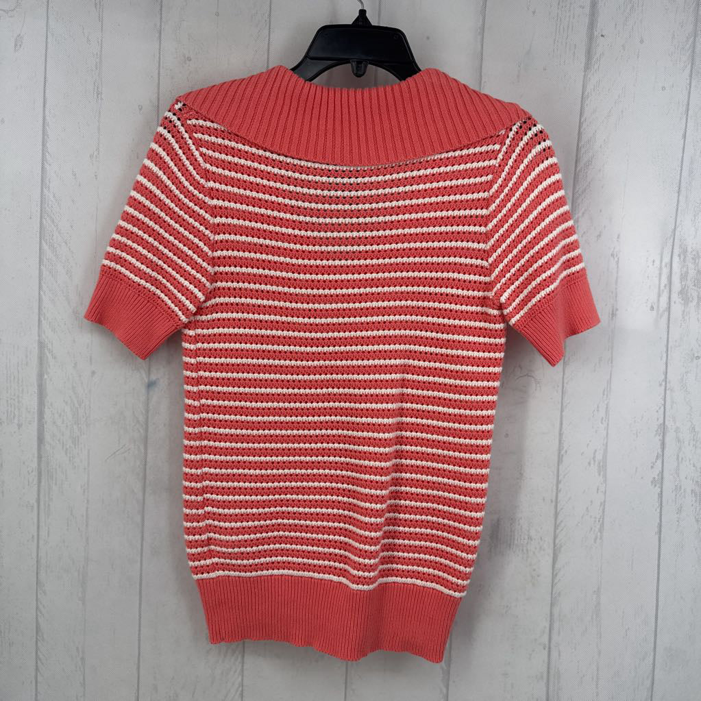 XS striped crochet split neck s/s sweater