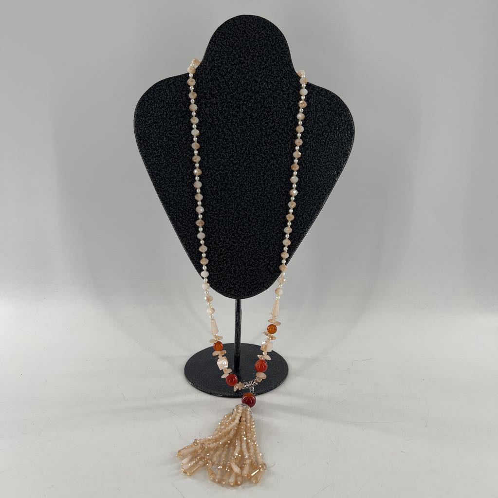 19" beige/brown beaded tassel necklace