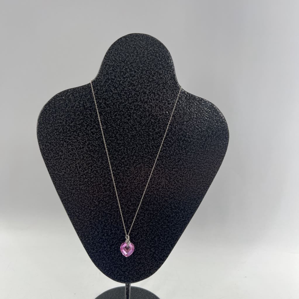 10" .925 silver necklace w/ pink crystal heart pendant