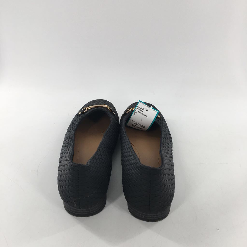 10 woven gold buckle slip-on flats