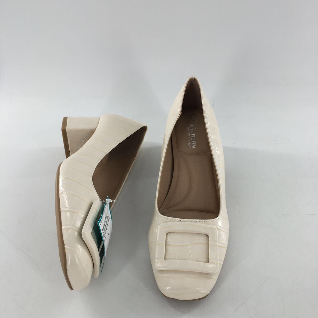 7 croc embossed buckle low heel pump