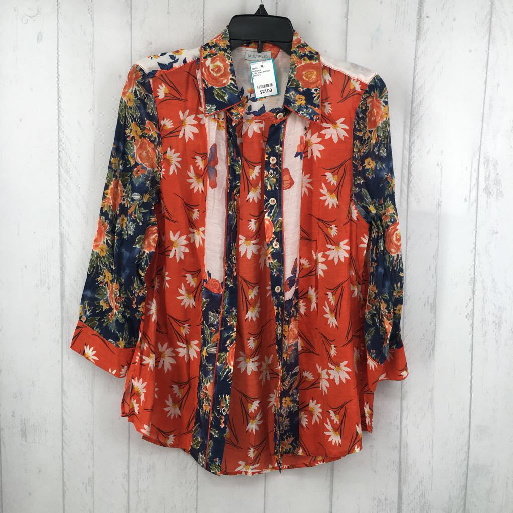L flo print button down l/s top