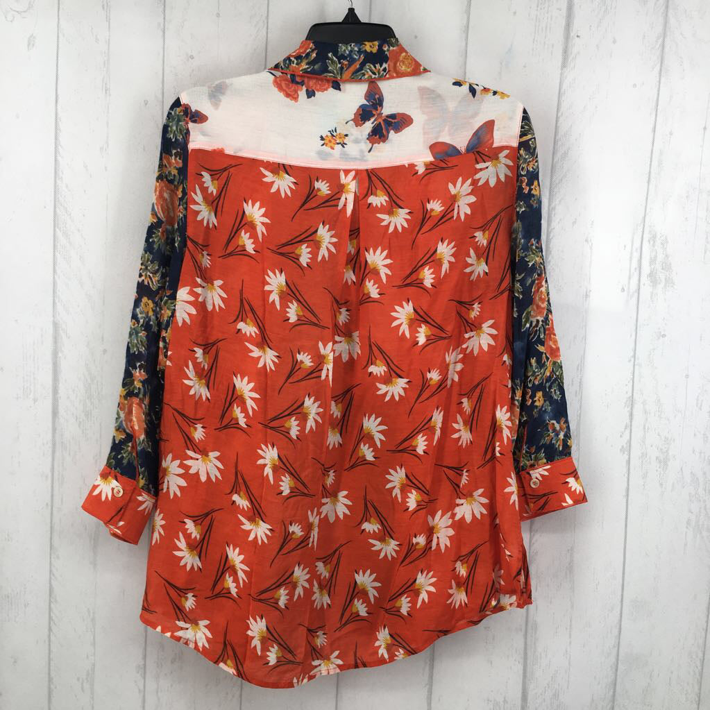 L flo print button down l/s top