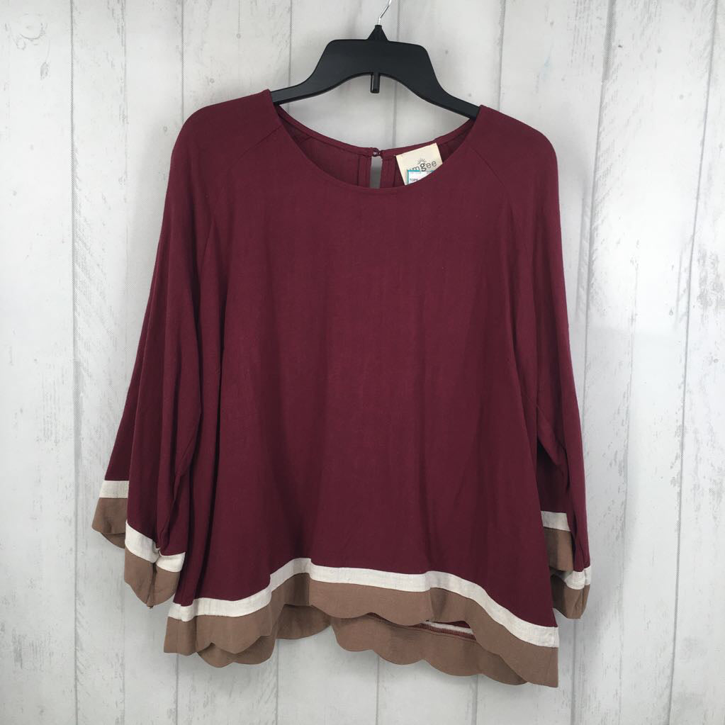 M linen scalloped colorblock 3/4 slv top