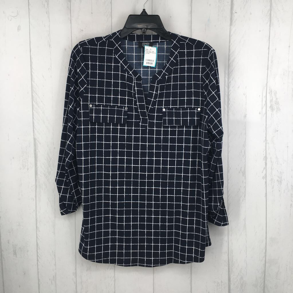 L plaid split neck l/s top