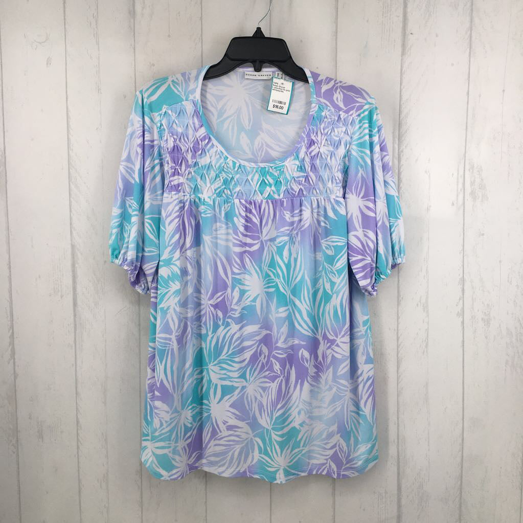 L smocked flo print s/s top