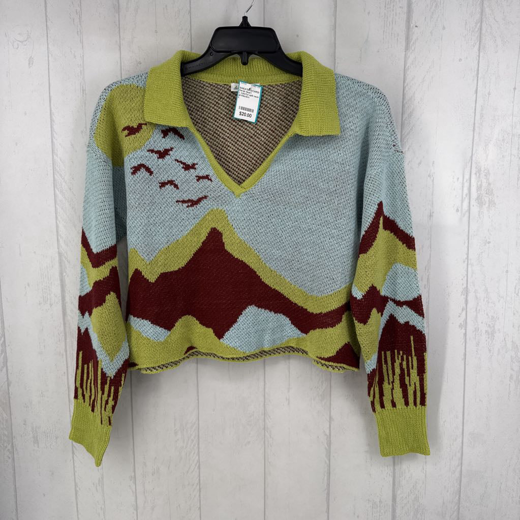 L colorful split neck crop sweater