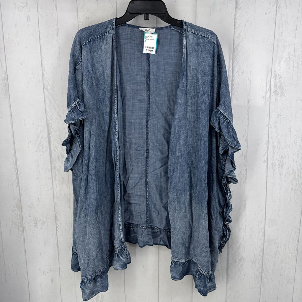 M denim ruffled edge ruana