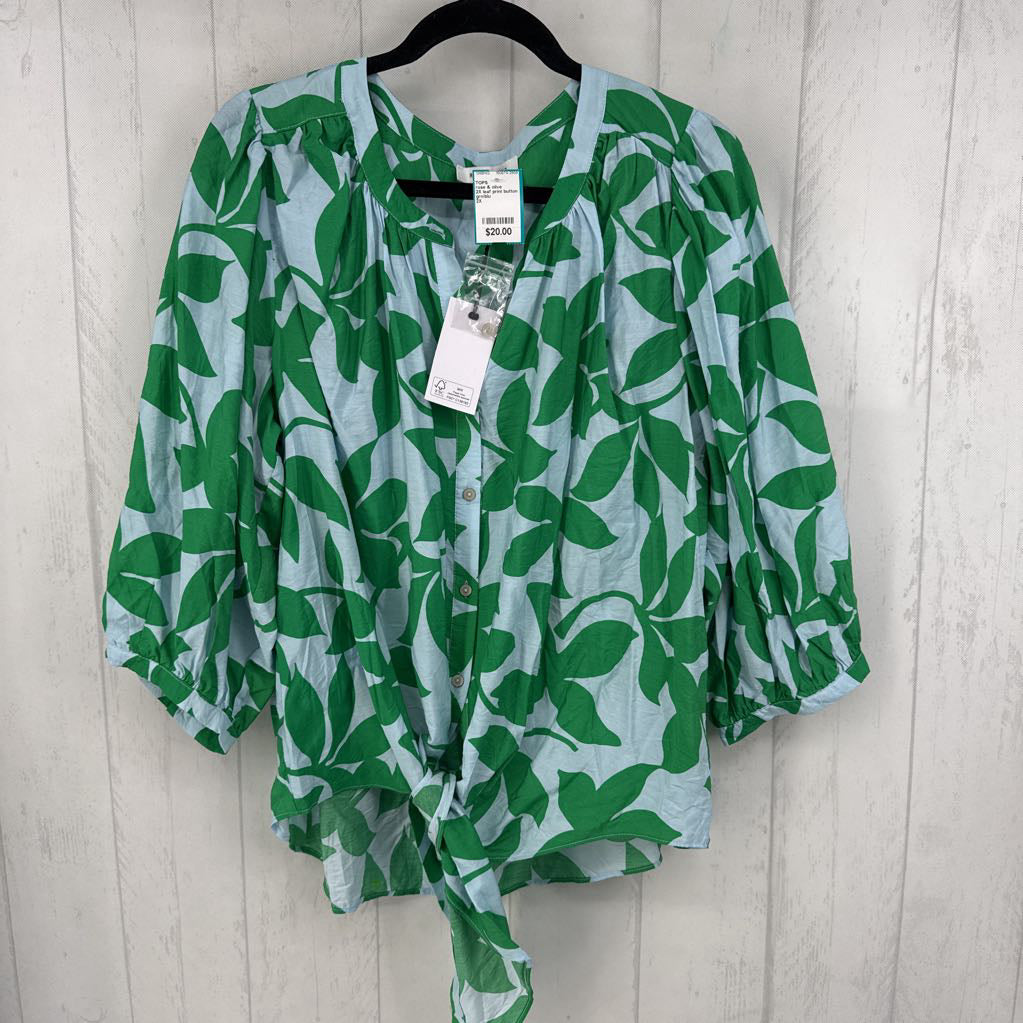 2X leaf print button down elbow slv top