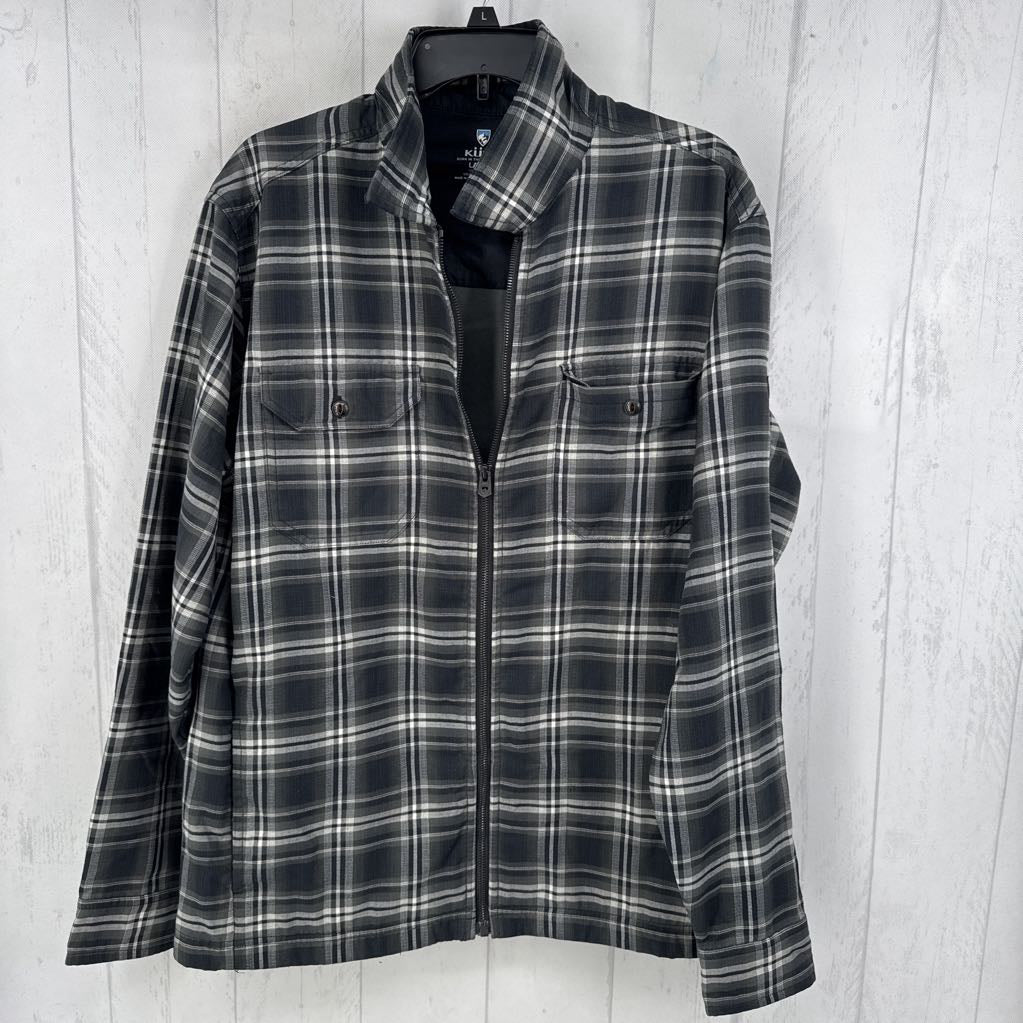 L plaid zip-up shacket