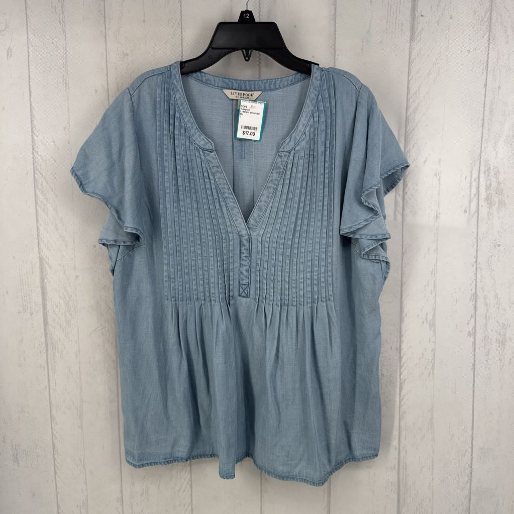 L denim smocked split neck s/s top