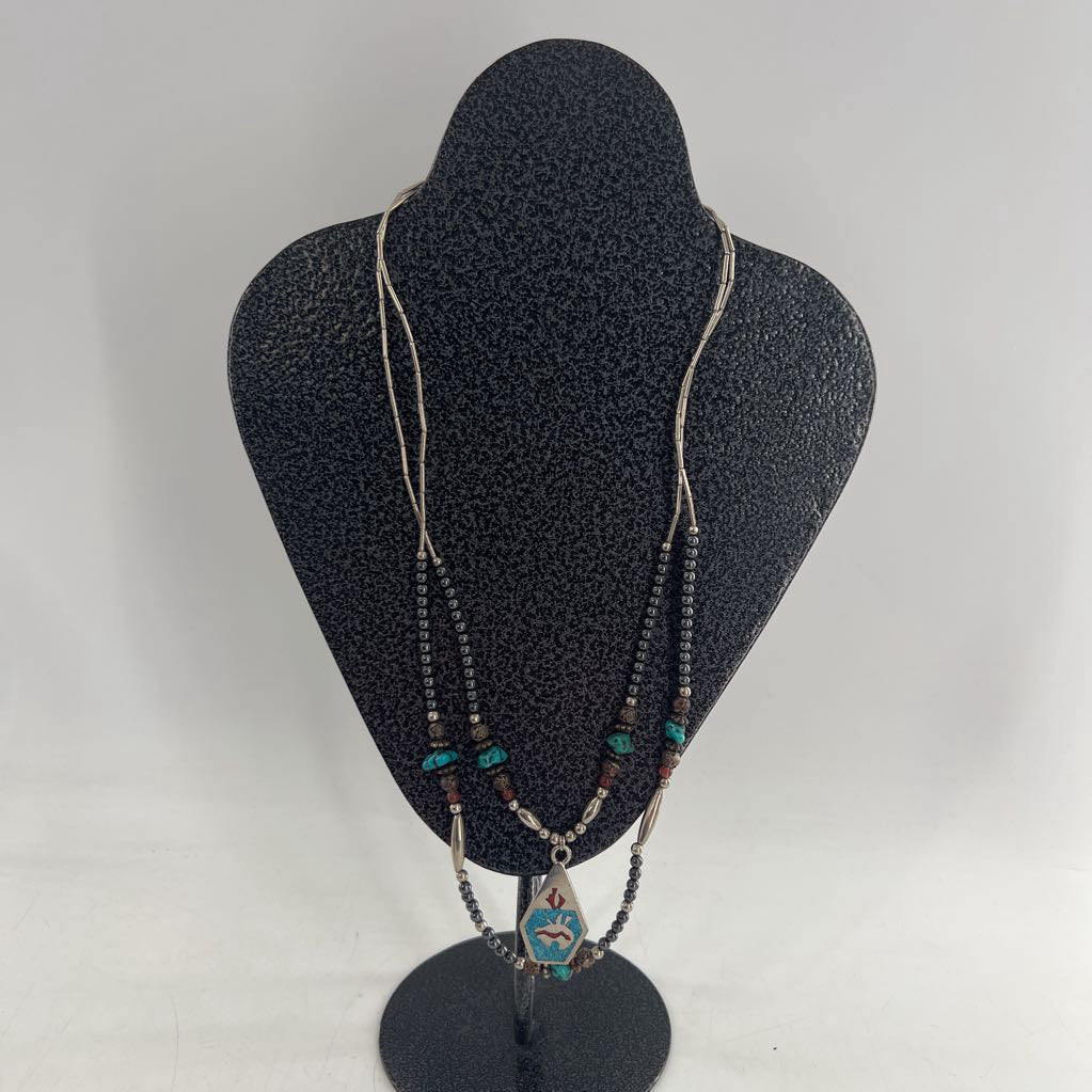 13" silver beaded necklace w/turquoise accent