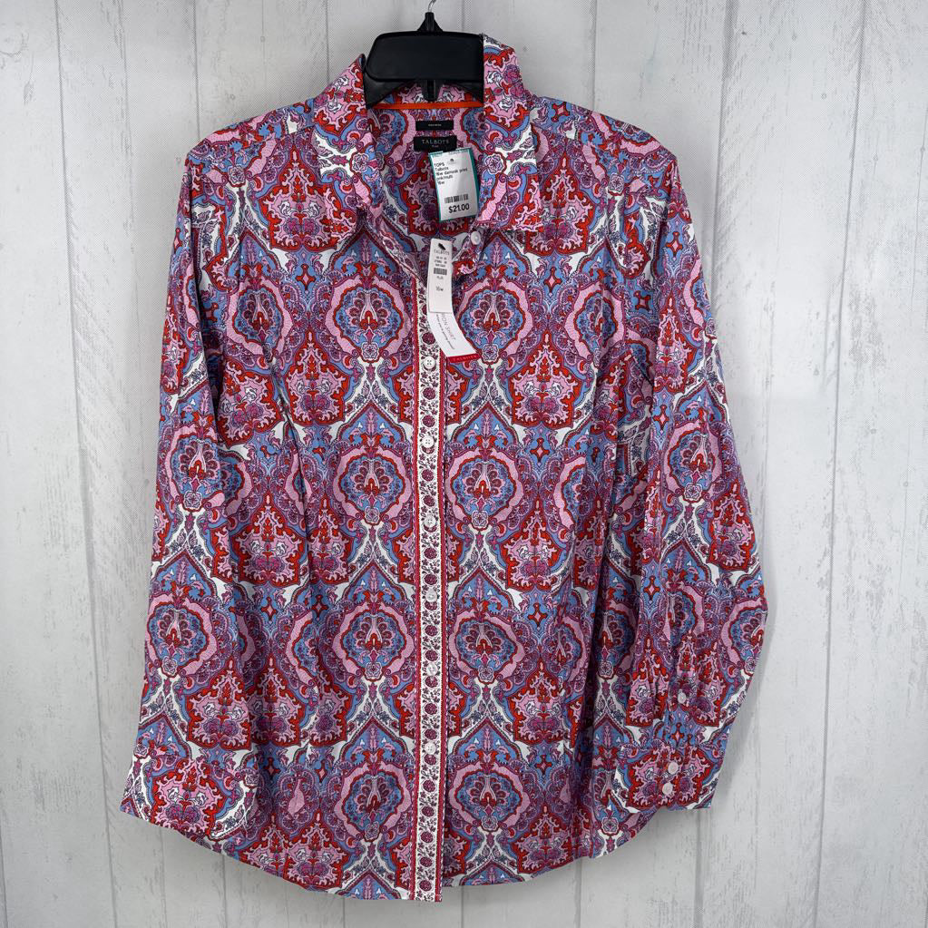 16w damask print button down l/s top
