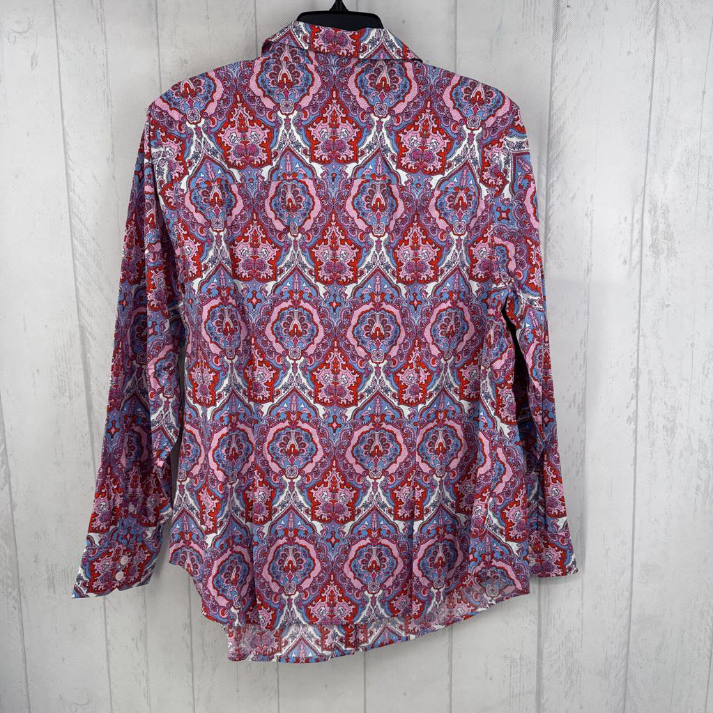 16w damask print button down l/s top