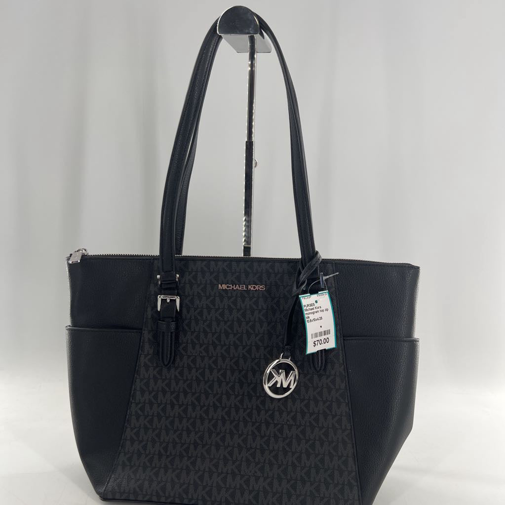 monogram top zip tote w/ open pockets