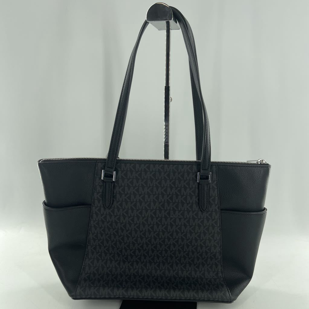 monogram top zip tote w/ open pockets
