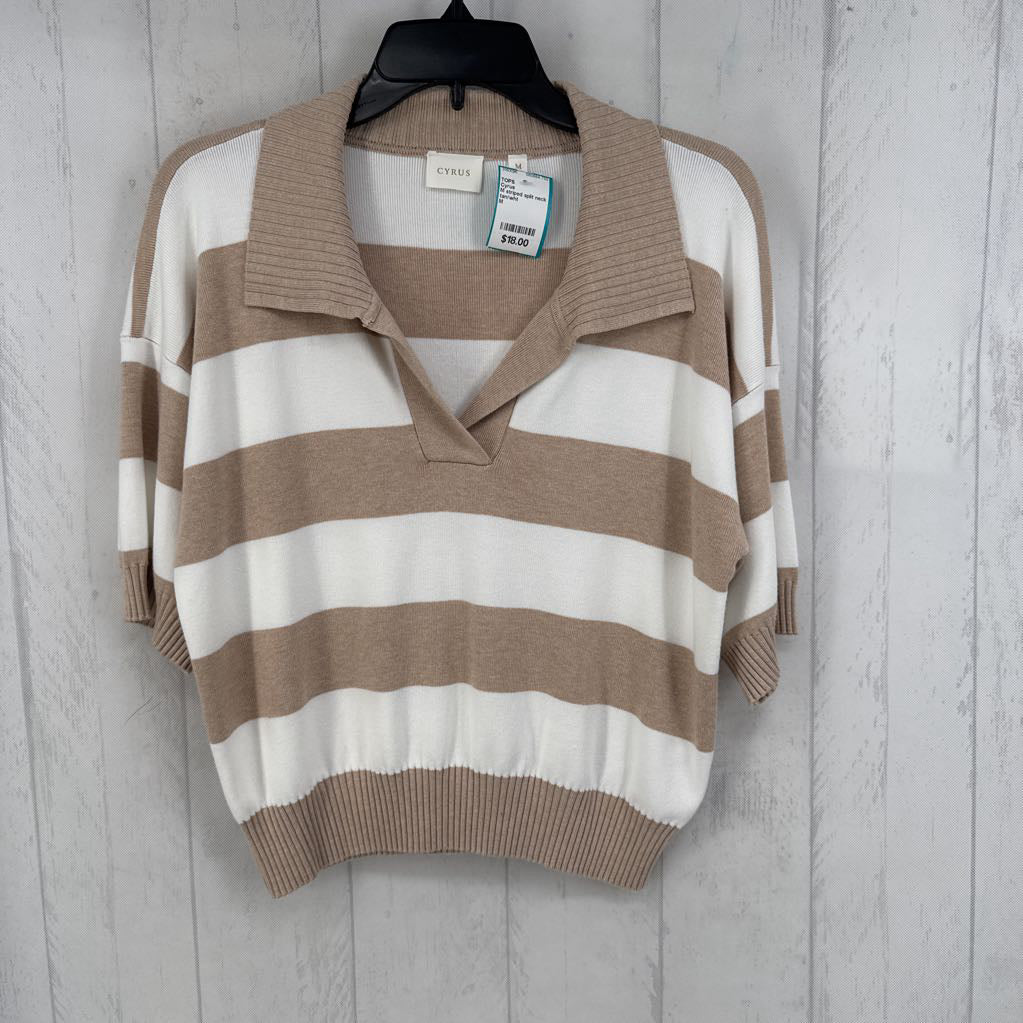 M striped split neck s/s knit top