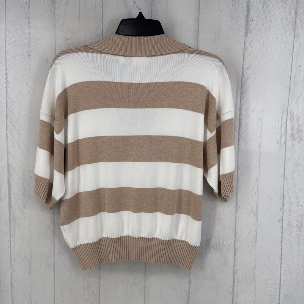 M striped split neck s/s knit top