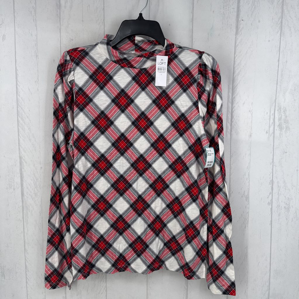 L plaid mock neck l/s top