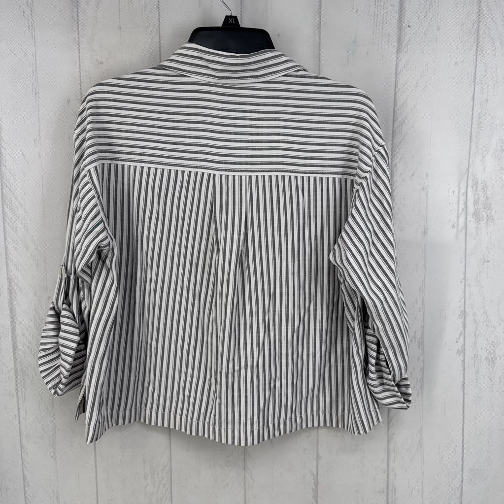 XS striped split neck tab slv top