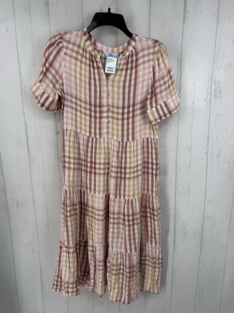 Sp plaid button down tiered s/s dress