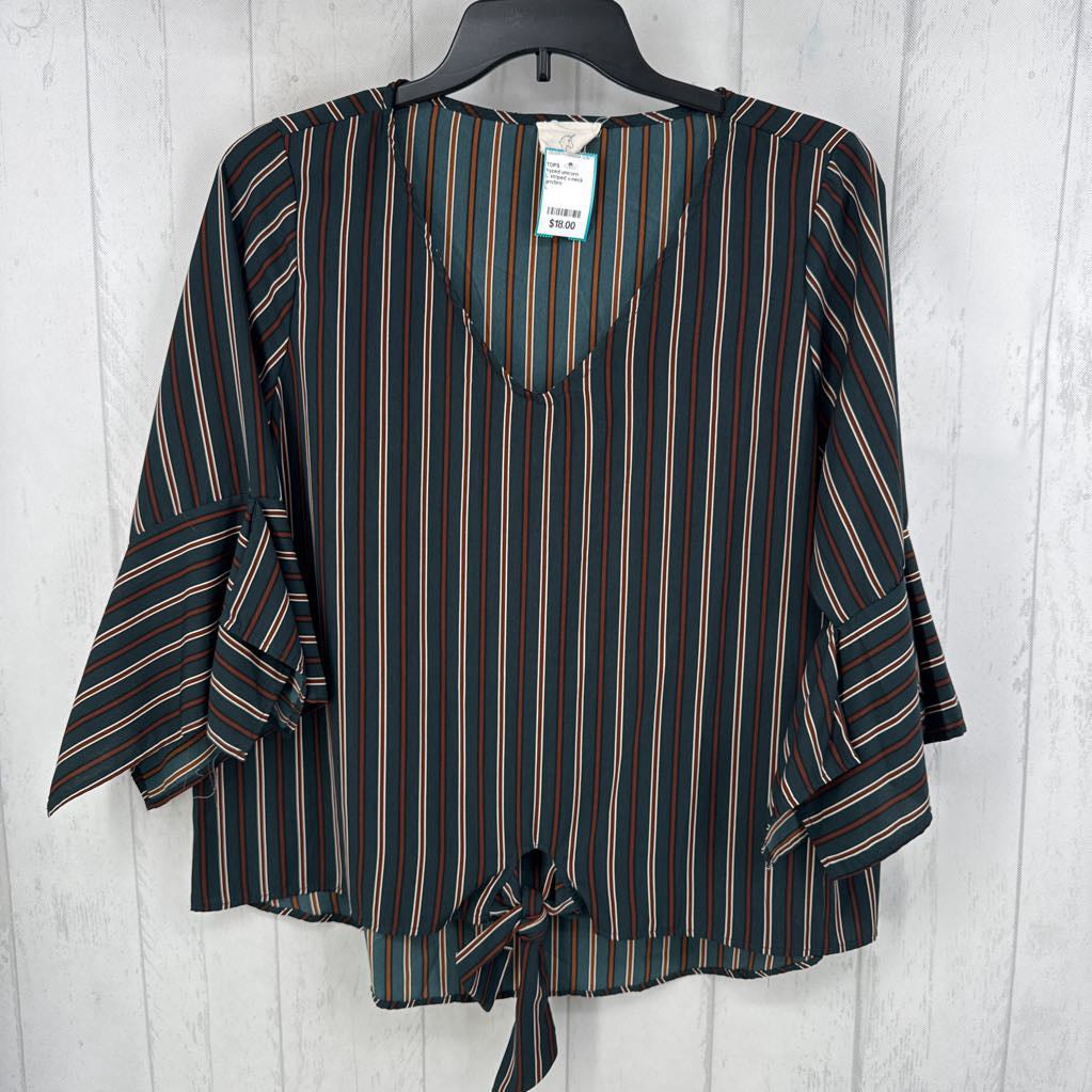 L striped v-neck flare slv top