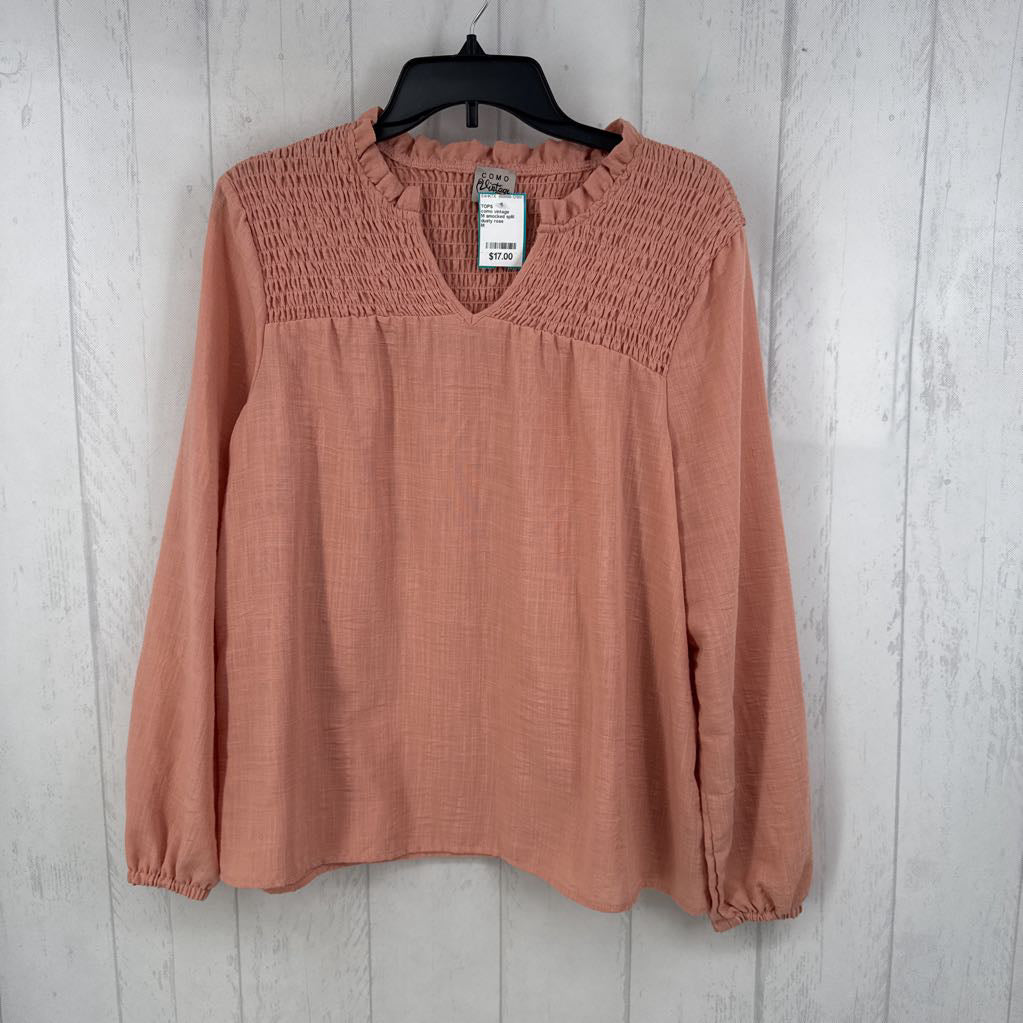 M smocked split neck l/s top