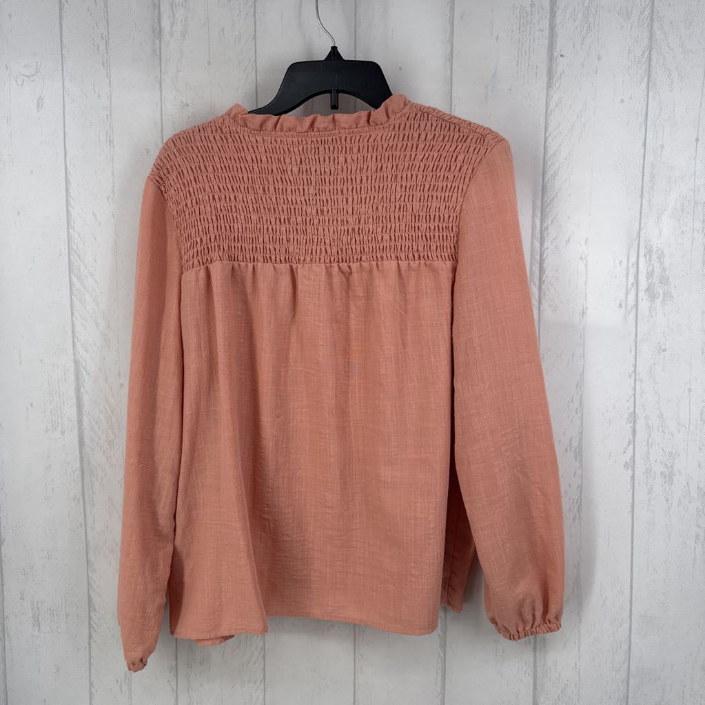 M smocked split neck l/s top